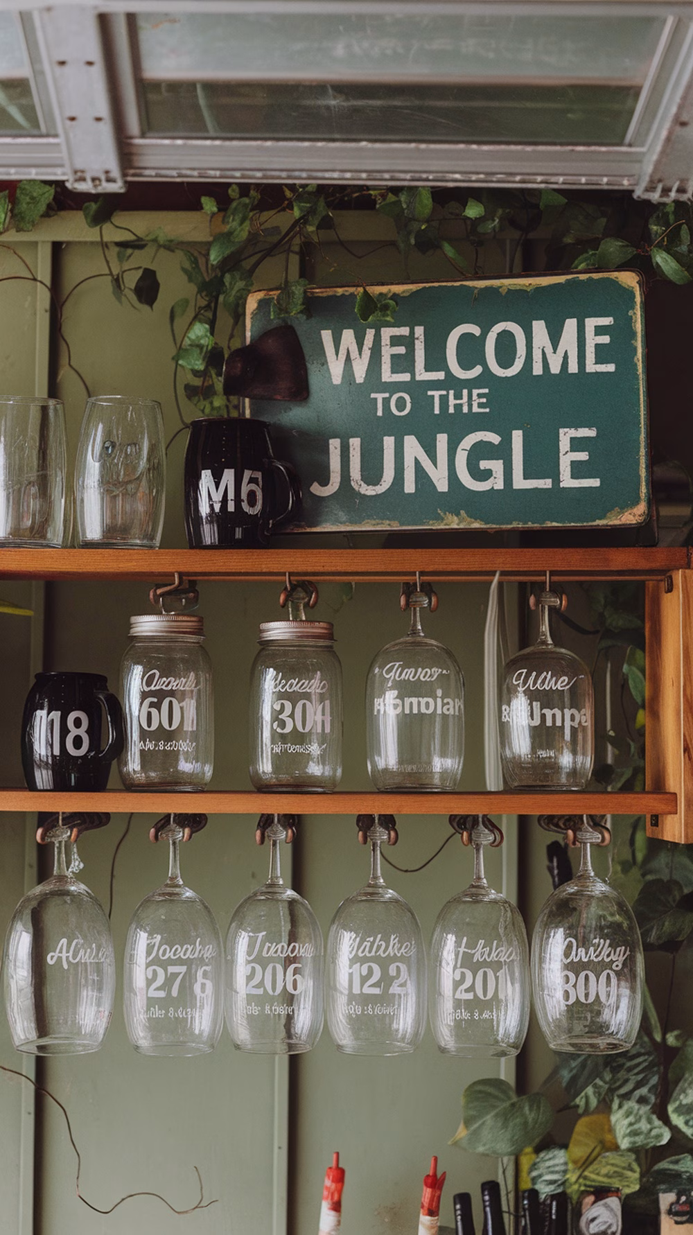 Personalized glassware displayed in a garage bar setting with a welcome sign