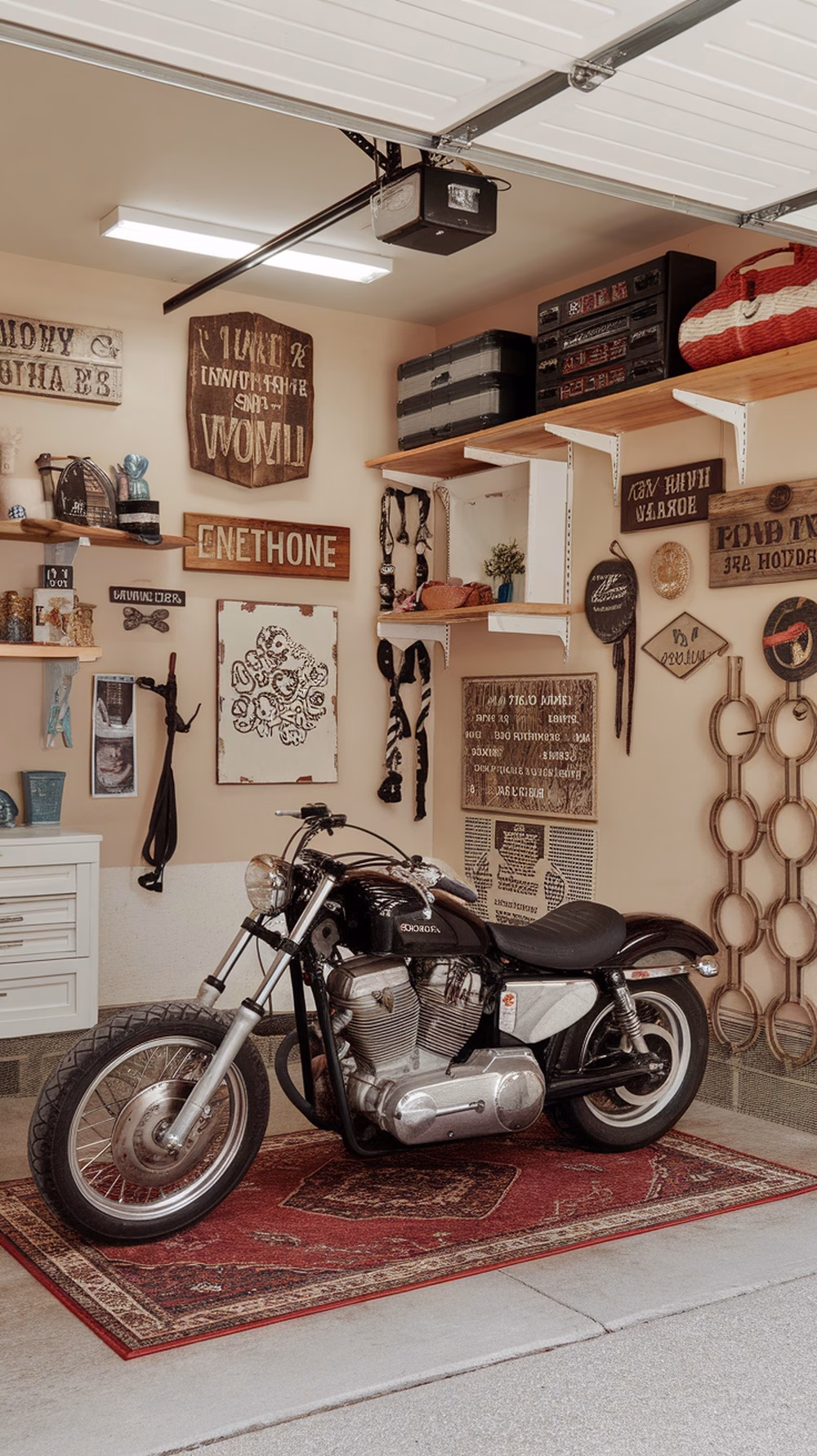 A stylish garage with a motorcycle, creative decor, and artwork on the walls.