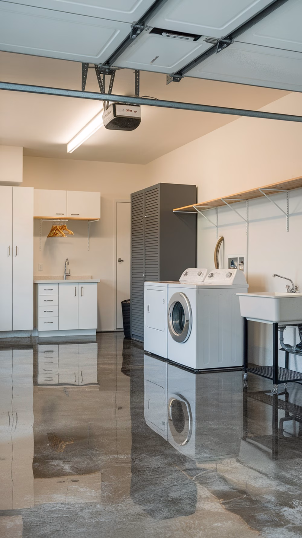 A clean, modern garage laundry room with polished concrete flooring, white cabinets, and laundry appliances.