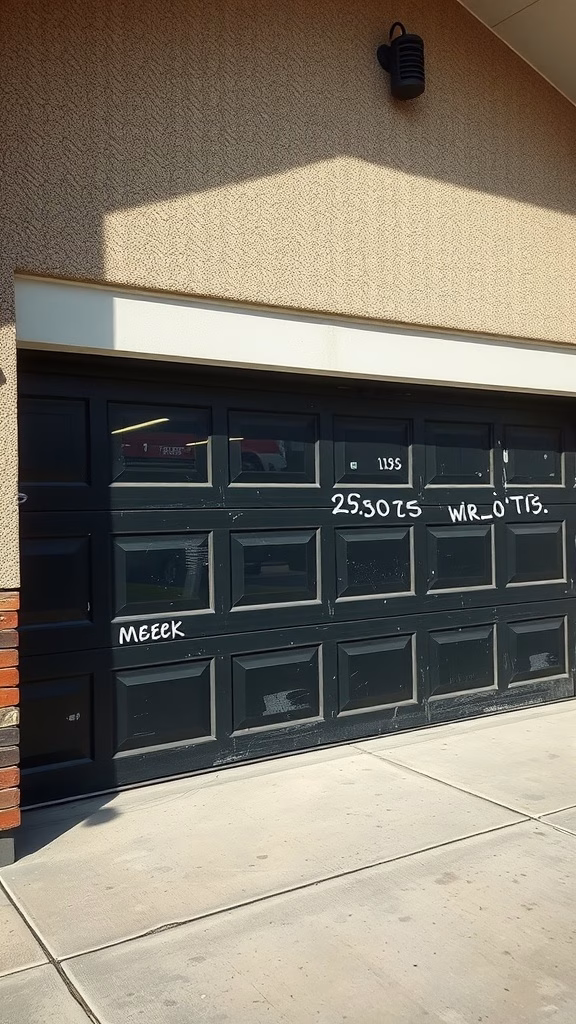 A black garage door showing signs of wear and fading.