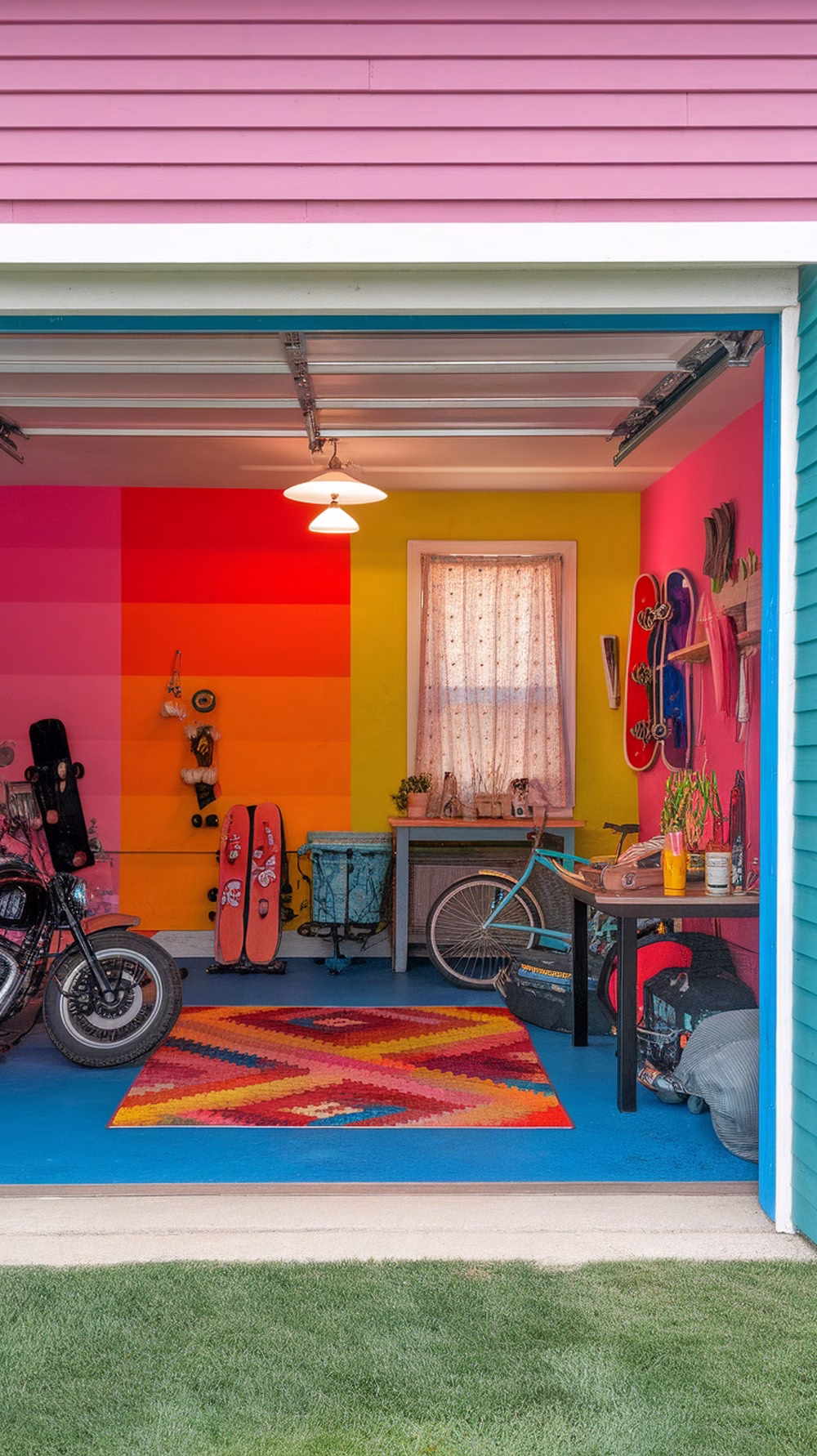 A colorful garage makeover featuring pink, yellow, and orange walls, a vibrant area rug, and fun decor elements.
