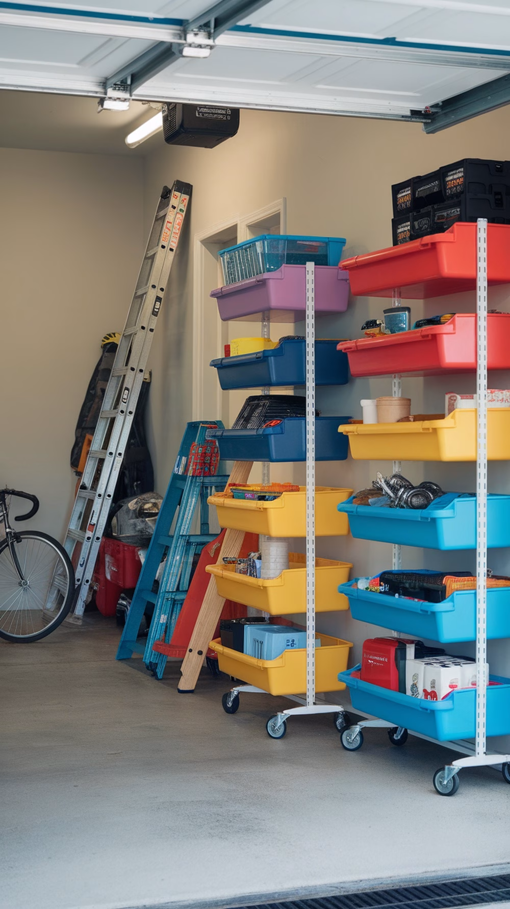 Colorful rolling storage carts filled with various items in a garage setting
