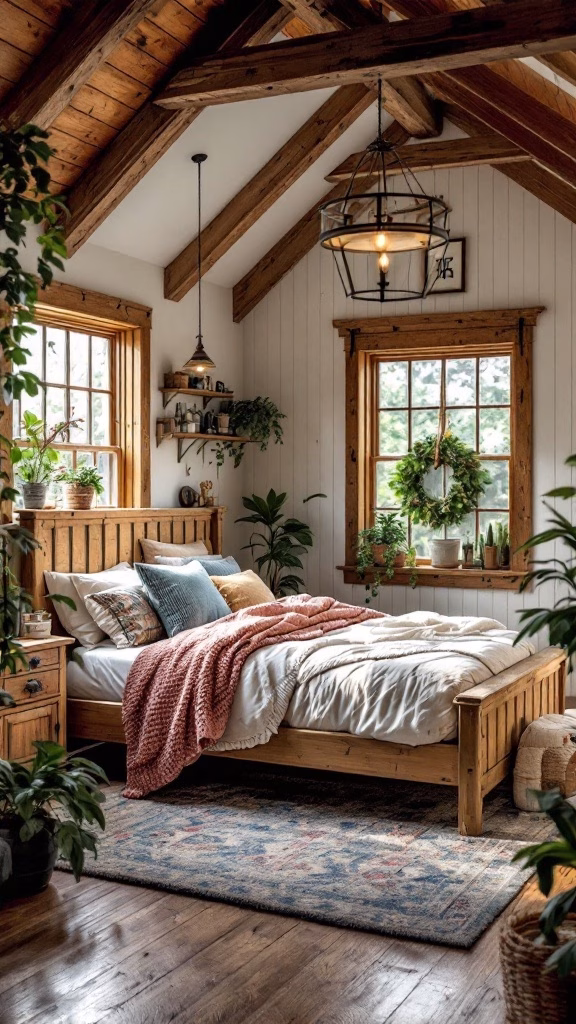 A cozy bedroom with wooden accents featuring a wooden bed, soft bedding, and plants, illuminated by natural light.