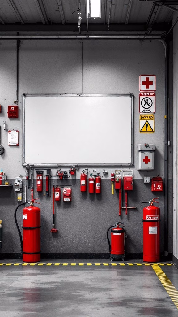 Image of a garage wall with fire extinguishers, safety signs, and a whiteboard for safety management.
