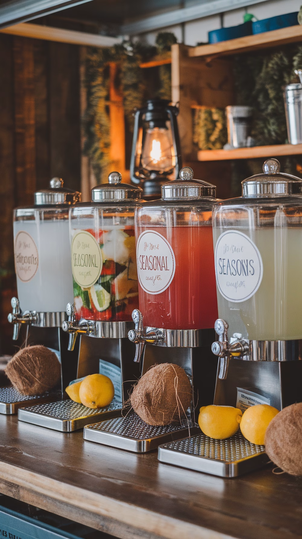 Four jars of colorful cocktails labeled for different seasons with fresh fruits around them.