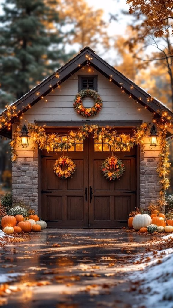 A beautifully decorated garage for fall with pumpkins, wreaths, and warm lights.
