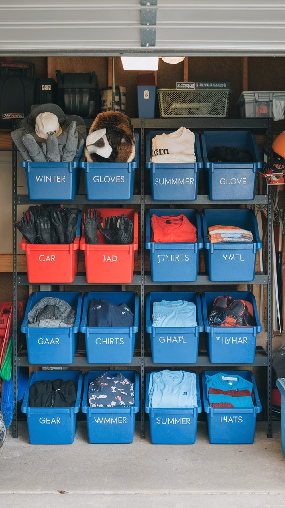 An organized garage shelf with colorful bins labeled for winter and summer items.
