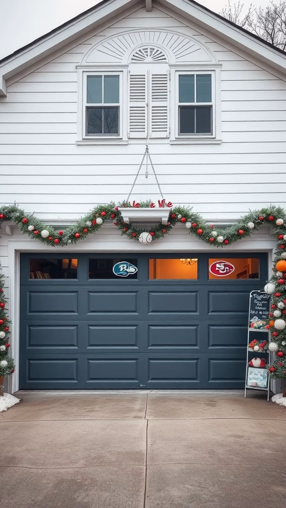 A garage with a blue door decorated for the holidays, featuring sports team logos and festive garland.