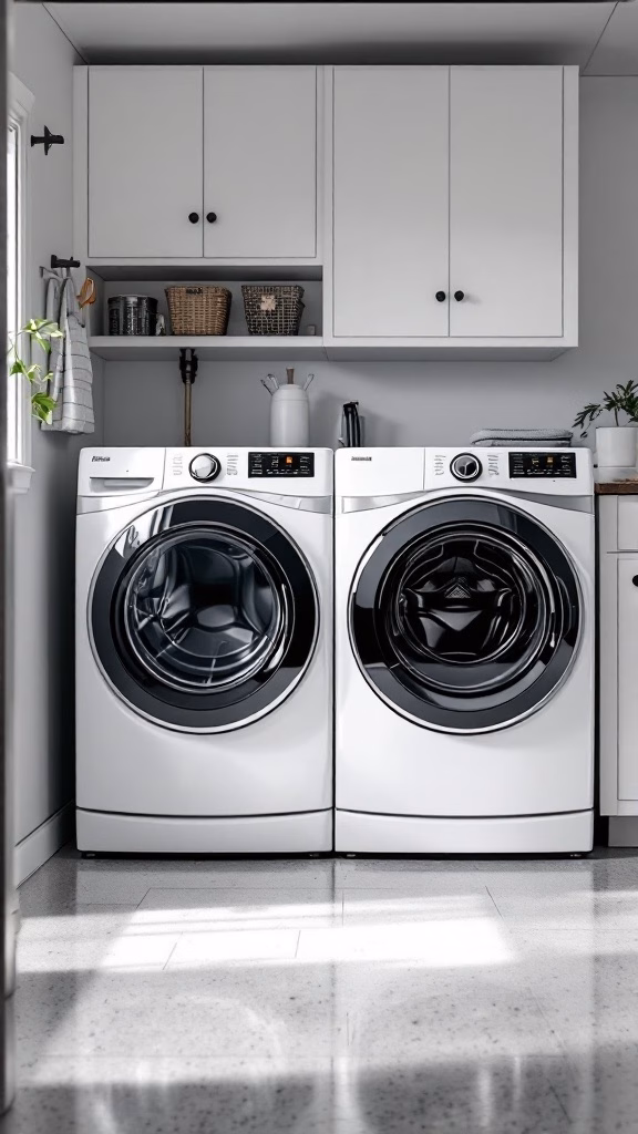 Modern laundry room with white washing machine and dryer side by side, featuring overhead cabinets and a clean, organized look.