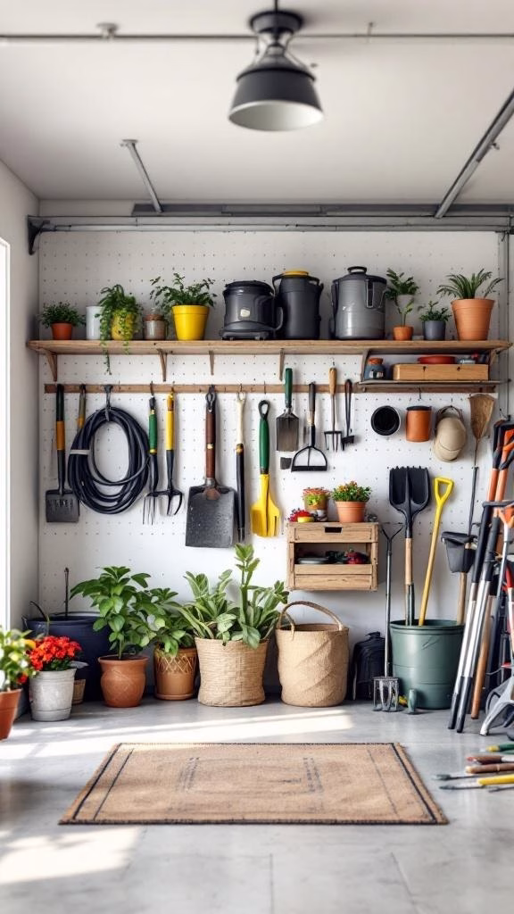 Organized garage space with garden tools and plants.