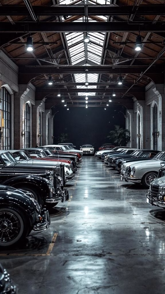 A beautifully arranged display of vintage cars on circular platforms with ambient lighting in a spacious garage.