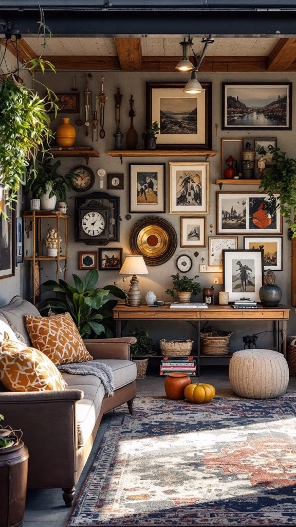 A garage transformed into a cozy living space with a bicycle on the wall, a wooden ladder, and decorative shelves.