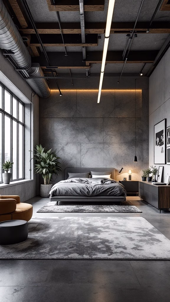 A modern bedroom design showcasing a garage conversion with concrete walls, large windows, and stylish furniture.