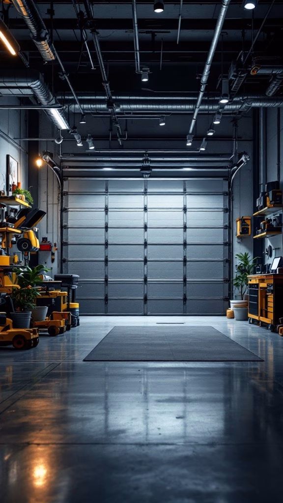 A modern mechanic garage featuring smart technology, organized tools, and bright lighting.