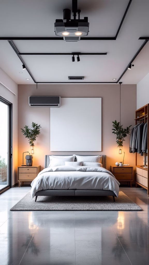 A modern bedroom with smart technology, featuring a cozy bed, stylish furniture, and integrated lighting.