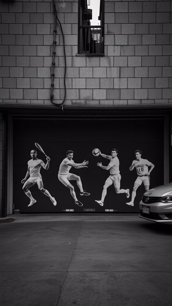 Garage door with stencil designs of athletes in various sports poses