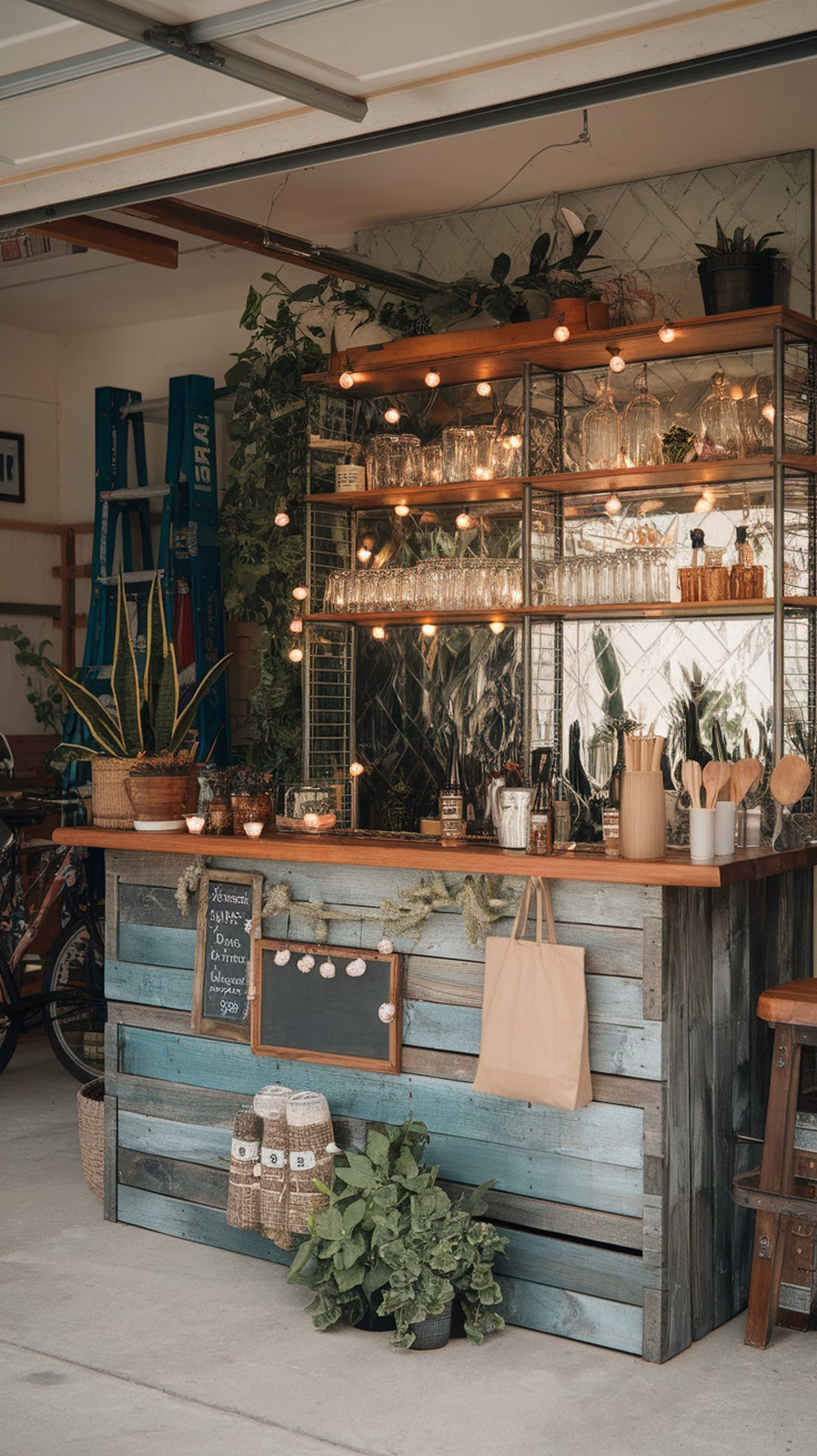 A sustainable garage bar setup with plants and reclaimed wood.