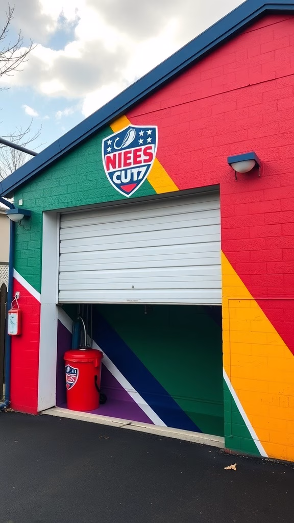 A garage painted in vibrant colors with a sports logo