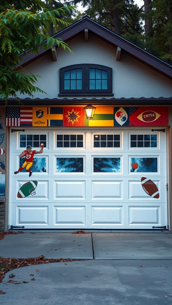 A themed garage wall art showcasing sports players and vibrant colors.