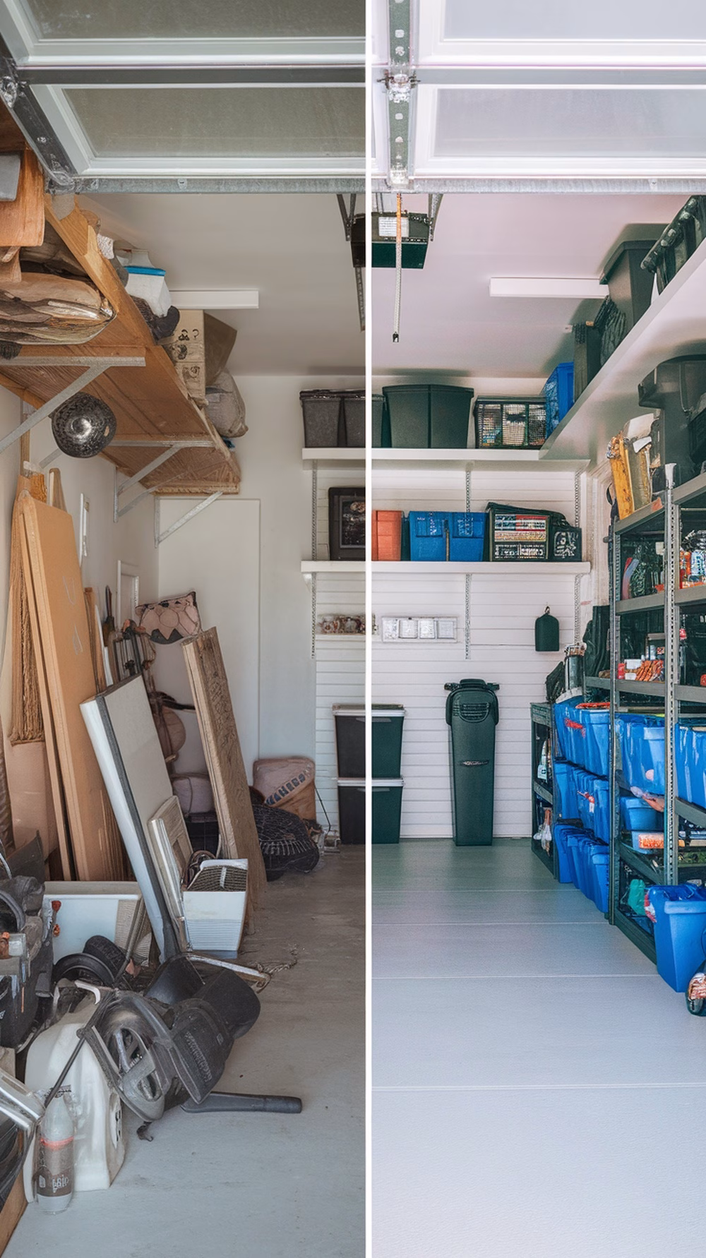 A side-by-side comparison of a cluttered garage on the left and an organized garage on the right.