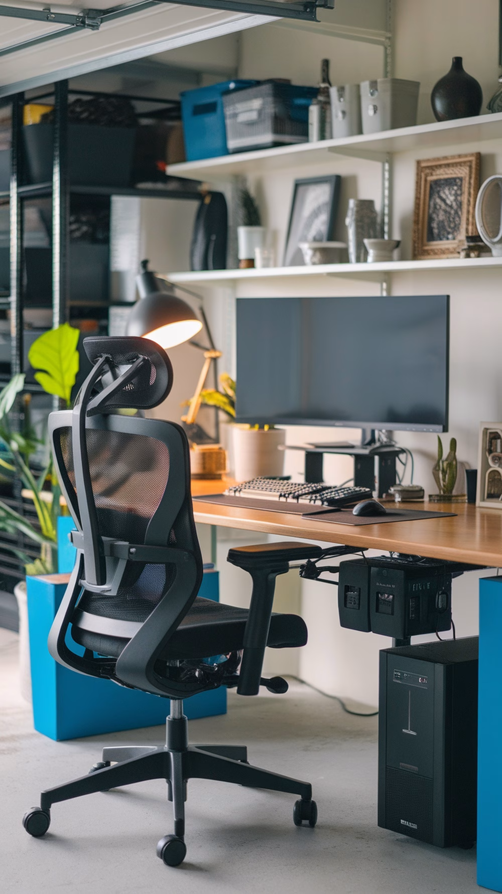 A modern home office setup in a garage with a desk, chair, and plants.