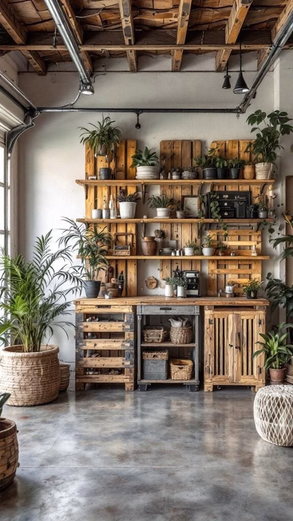 A garage space featuring upcycled wooden pallet shelves with plants and storage.