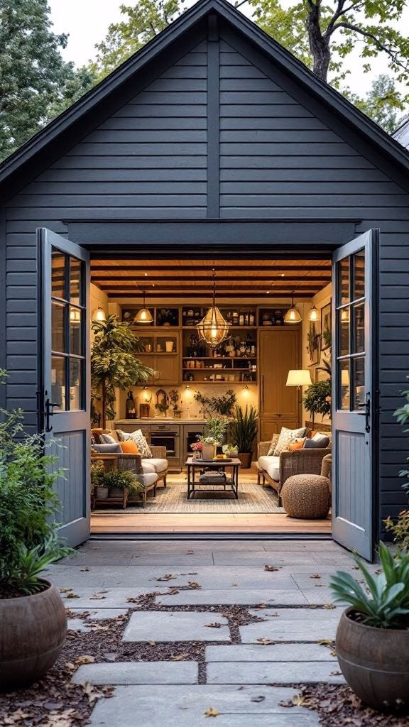 A modern garage with open doors leading to a cozy indoor space, surrounded by greenery.