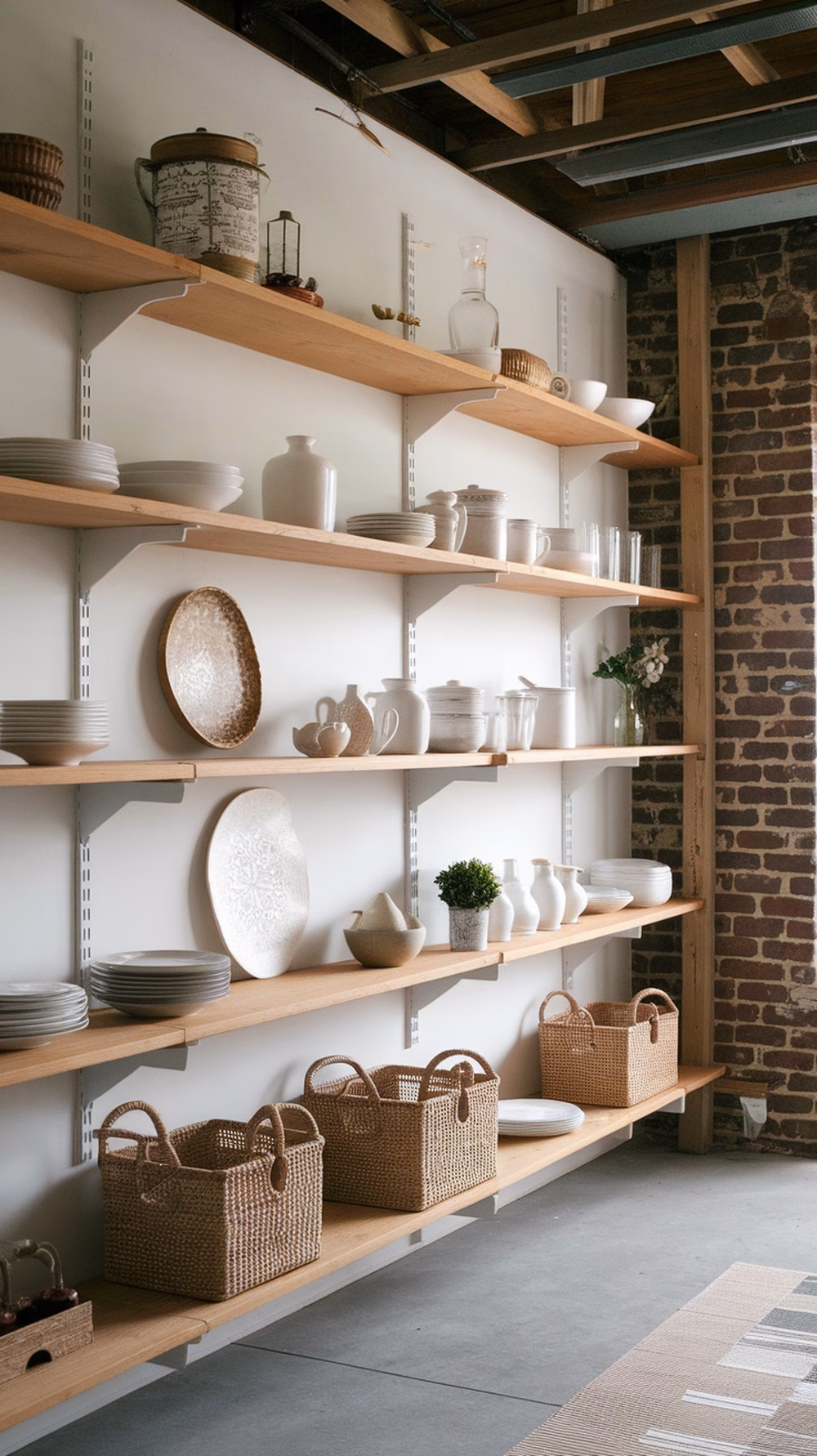Wooden shelves in a garage dining room conversion displaying ceramics and storage baskets.