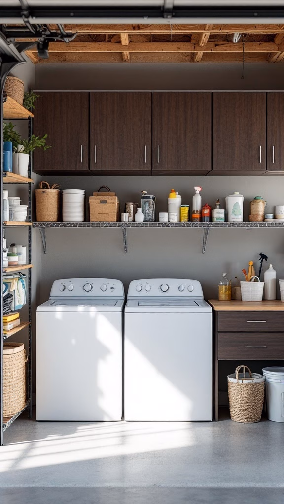 Laundry room in a garage with stacked washer and dryer, cabinets above, and organized shelves below.