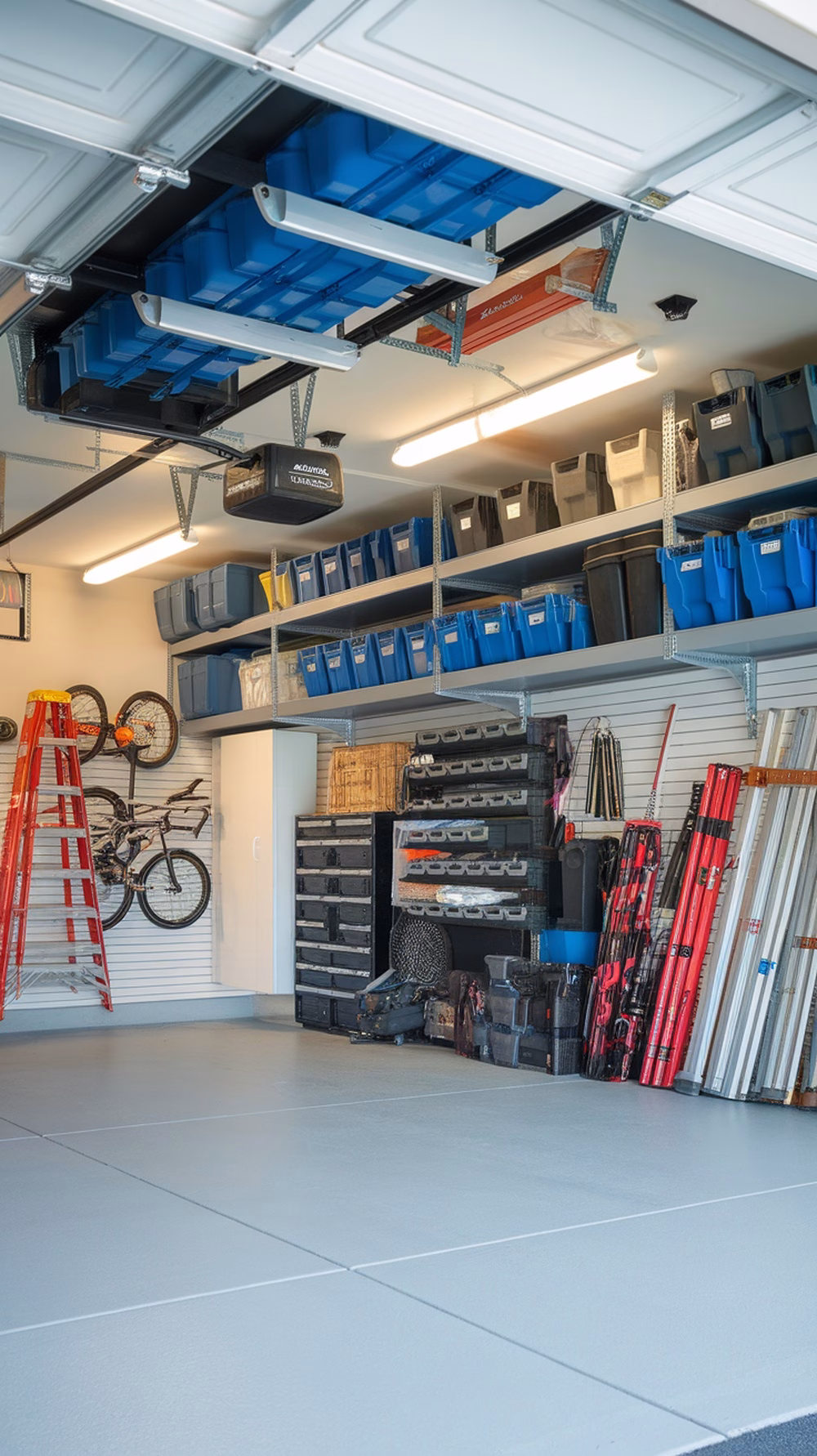 A well-organized garage with overhead storage, showing blue bins, tools, and bicycles.