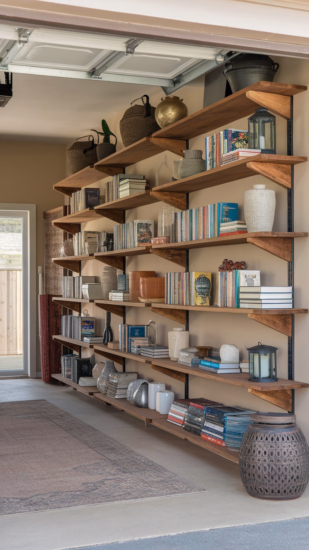 Vertical storage shelves with books and decorative items in a garage