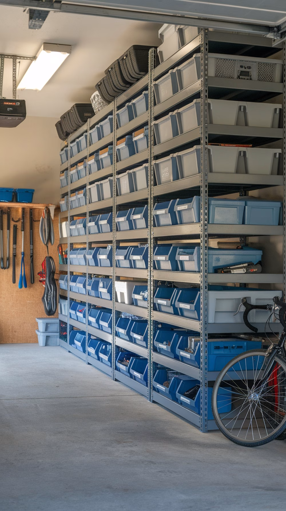 Organized garage with vertical shelving filled with storage bins