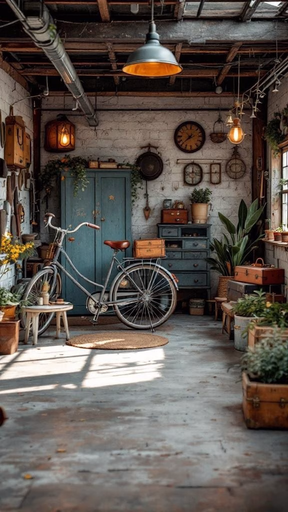 A stylish vintage-inspired garage with a bicycle, blue cabinet, wooden crates, and plants.
