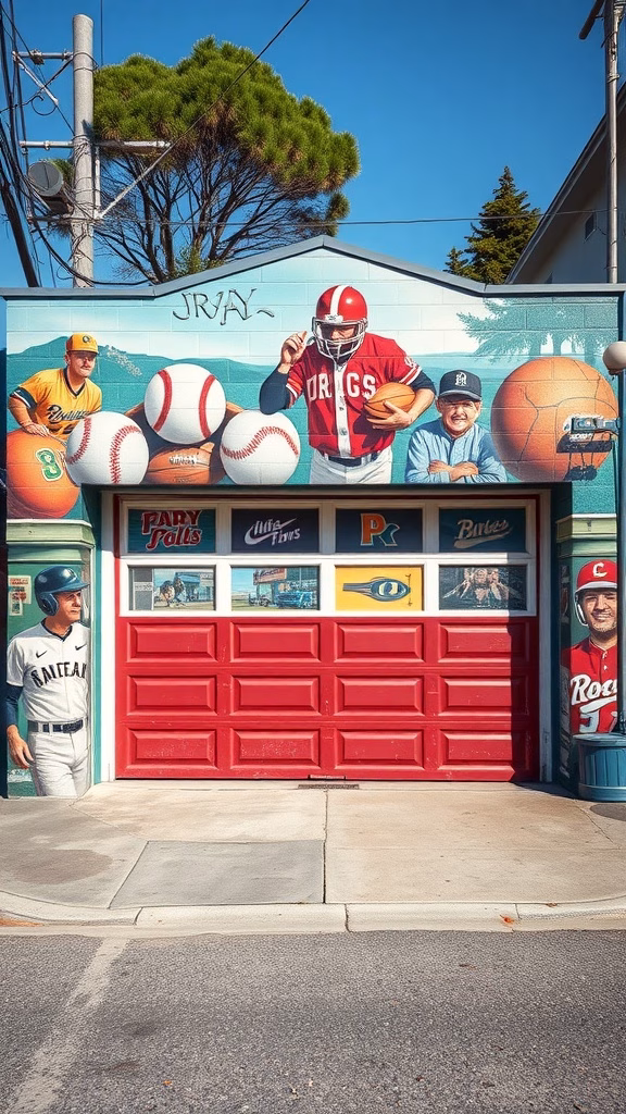 A vintage sports mural on a garage showcasing various sports figures and equipment.