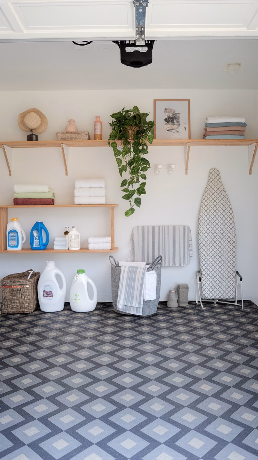 A stylish garage laundry room featuring patterned vinyl flooring and organized shelves with laundry supplies.