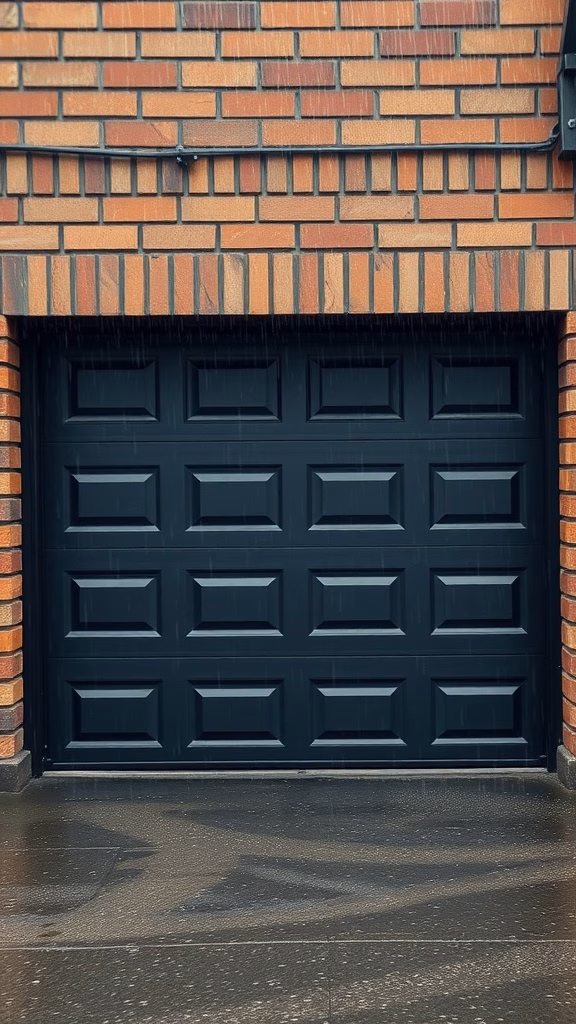 A black garage door against a brick wall with rain falling.