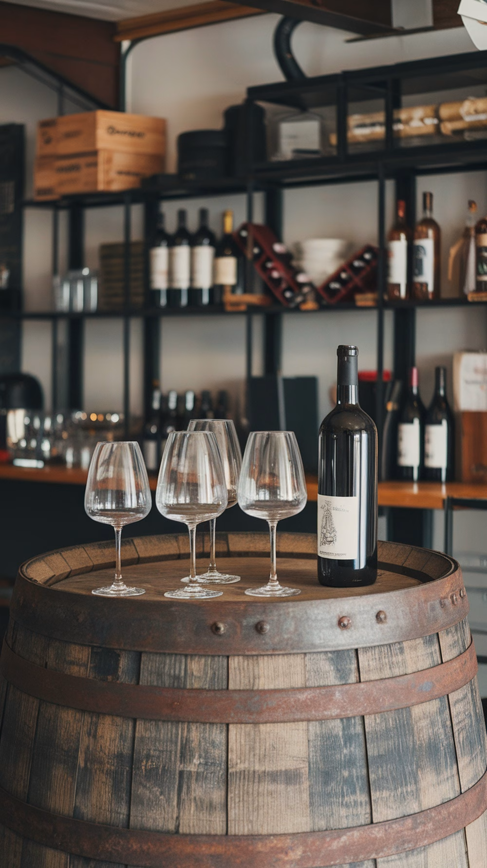 A wine barrel table with wine glasses and a bottle of wine, perfect for a garage bar setup.