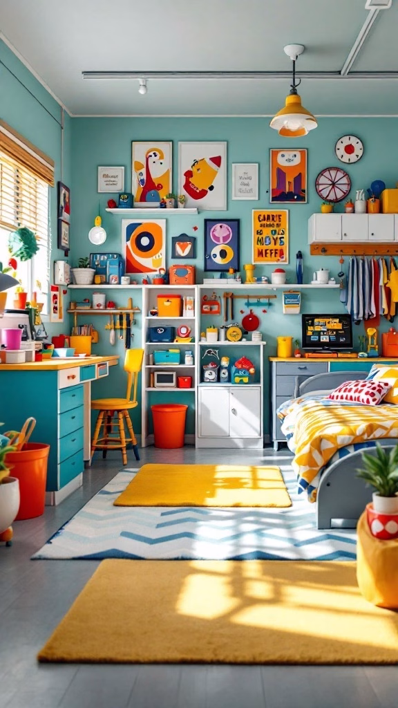 Colorful and playful bedroom decor with bright furniture and artwork in a converted garage.