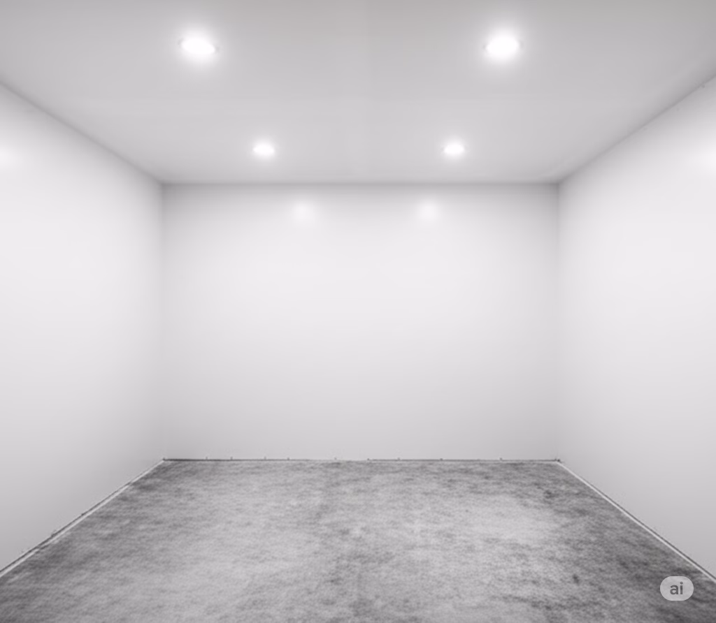 The image shows an empty, well-lit room with a smooth, white, and minimalistic finish. The ceiling has recessed lights, providing uniform illumination. The walls are plain, and the floor appears to be unfinished or with a simple concrete finish. This setup might be suitable for showcasing different ceiling or wall improvement ideas, such as those described in your garage ceiling ideas post.