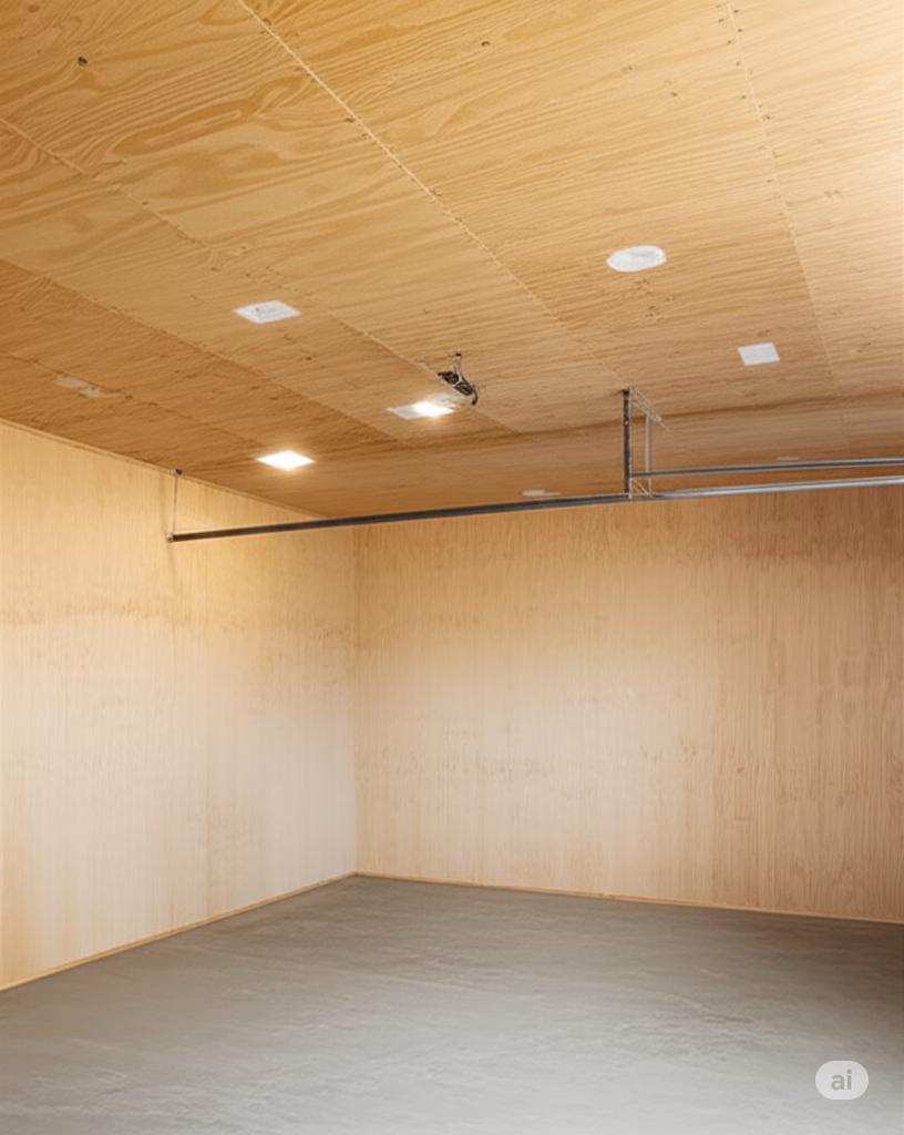The image shows a garage interior with a ceiling and walls finished with plywood panels. The ceiling integrates recessed lighting, and a metal track or support structure is visible. This setup gives a natural, warm, and slightly industrial look, aligning with the idea of using plywood for a robust and industrial-chic aesthetic as mentioned in your garage ceiling ideas post.