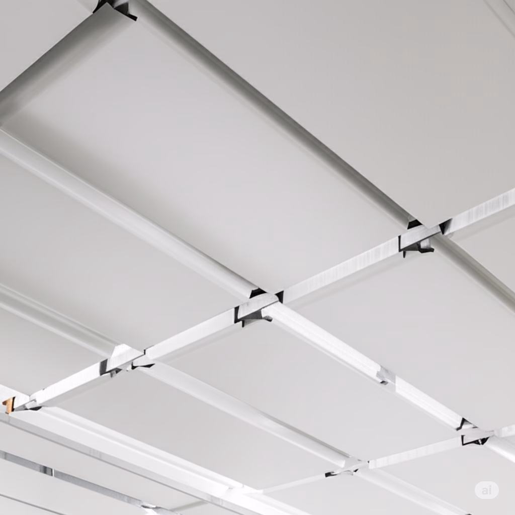 The image shows a ceiling with a grid structure, possibly for a suspended or modular ceiling system. The panels appear to be flat and smooth, providing a clean and modern look. This design allows for easy access to the space above while maintaining a polished appearance—a practical choice for both aesthetics and functionality, fitting well within the garage ceiling ideas discussed in your post.