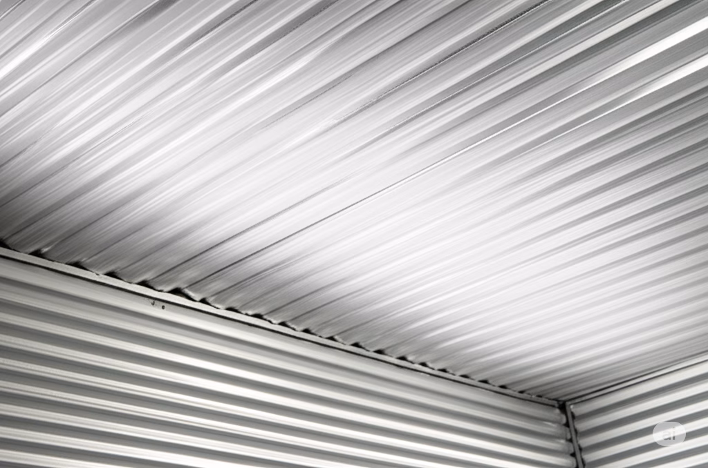 The image features a corrugated metal ceiling, which provides an industrial and durable aesthetic. This type of ceiling is low-maintenance and can reflect light to brighten the space. It aligns well with your garage ceiling ideas, specifically under the suggestion of using metal panels for a robust and modern look.