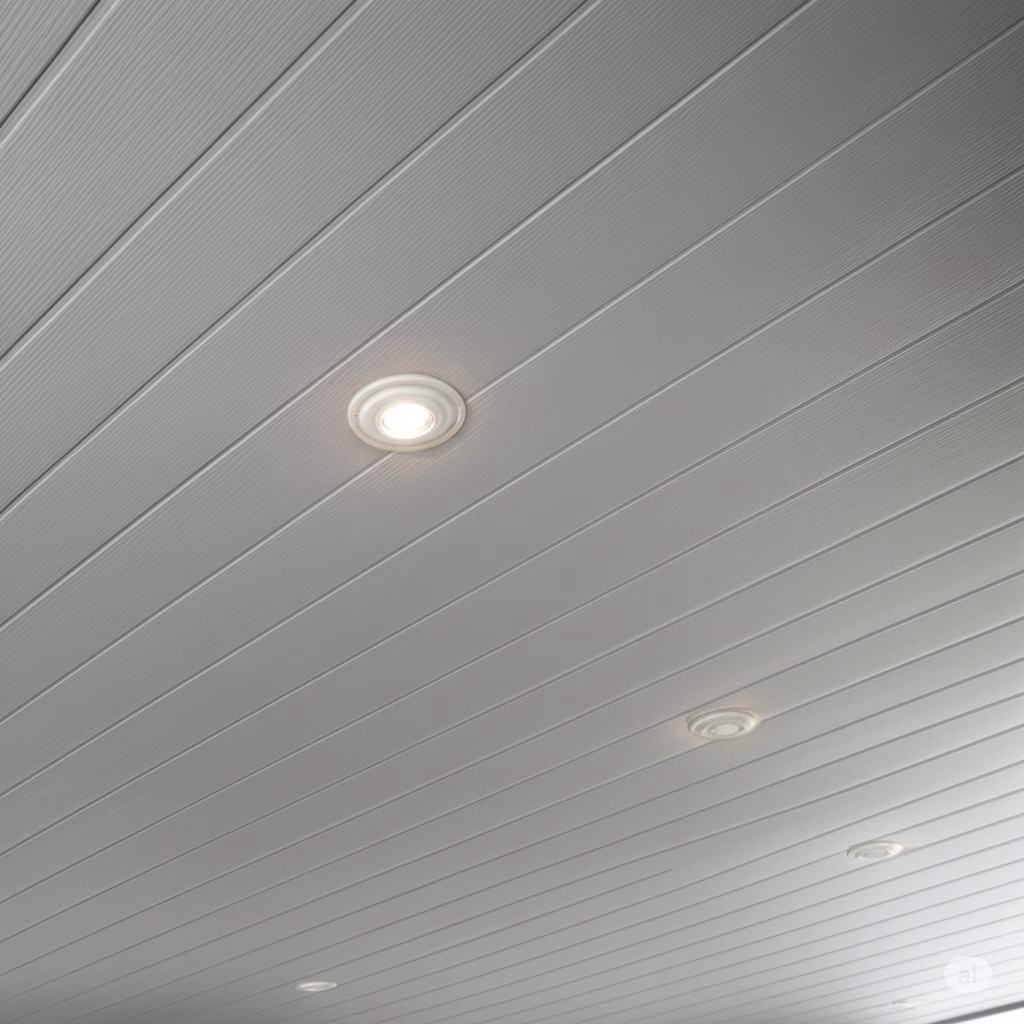 The image shows a ceiling with tongue-and-groove styrofoam or faux panels, featuring recessed lighting. This option is ideal for moisture-prone areas, offering water resistance and easy cleaning. It provides a sleek and modern finish, aligning with the garage ceiling ideas about using styrofoam panels for practicality and aesthetics.