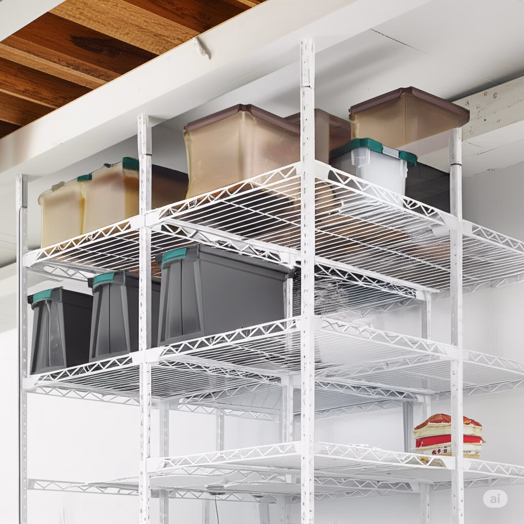 The image shows a garage storage setup with shelving units holding plastic storage bins. The ceiling above has exposed wooden beams and joists. This layout demonstrates efficient use of vertical space with metal shelves for organizing items, aligning with the idea of integrating overhead storage solutions into a garage ceiling structure for maximum utility and organization.
