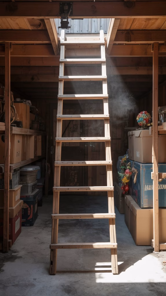 A photograph depicts a sturdy wooden pull-down ladder extending from an attic opening into a dimly lit garage. The ladder is crafted from aged pine with thick, worn rungs and a simple metal locking mechanism; it’s positioned at a slight angle. Dust motes dance in the single shaft of sunlight streaming from the opening, illuminating stacks of neatly organized storage boxes filled with vintage items and seasonal decorations. The garage walls are visible on either side with a weathered concrete floor, creating a sense of rustic functionality and long-term storage.