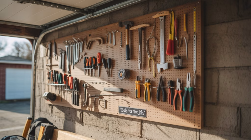 A photograph depicts a sturdy wooden pull-down ladder extending from an attic opening into a dimly lit garage. The ladder is crafted from aged pine with thick, worn rungs and a simple metal locking mechanism; it’s positioned at a slight angle. Dust motes dance in the single shaft of sunlight streaming from the opening, illuminating stacks of neatly organized storage boxes filled with vintage items and seasonal decorations. The garage walls are visible on either side with a weathered concrete floor, creating a sense of rustic functionality and long-term storage.