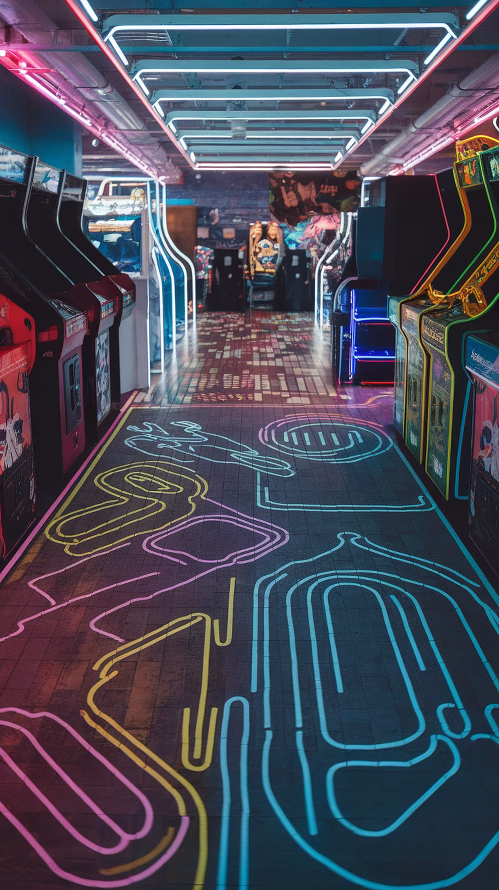 A vibrant arcade room with neon patterns on the floor and colorful arcade machines lining the walls.
