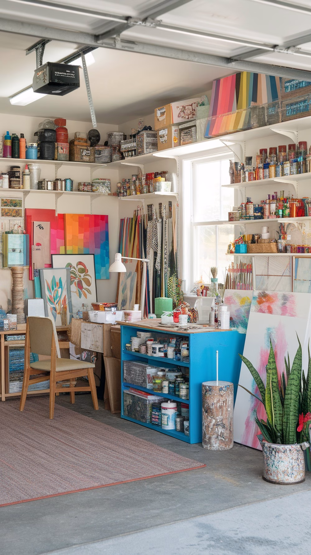 A colorful art and craft station in a garage with various supplies, artwork, and a workspace.