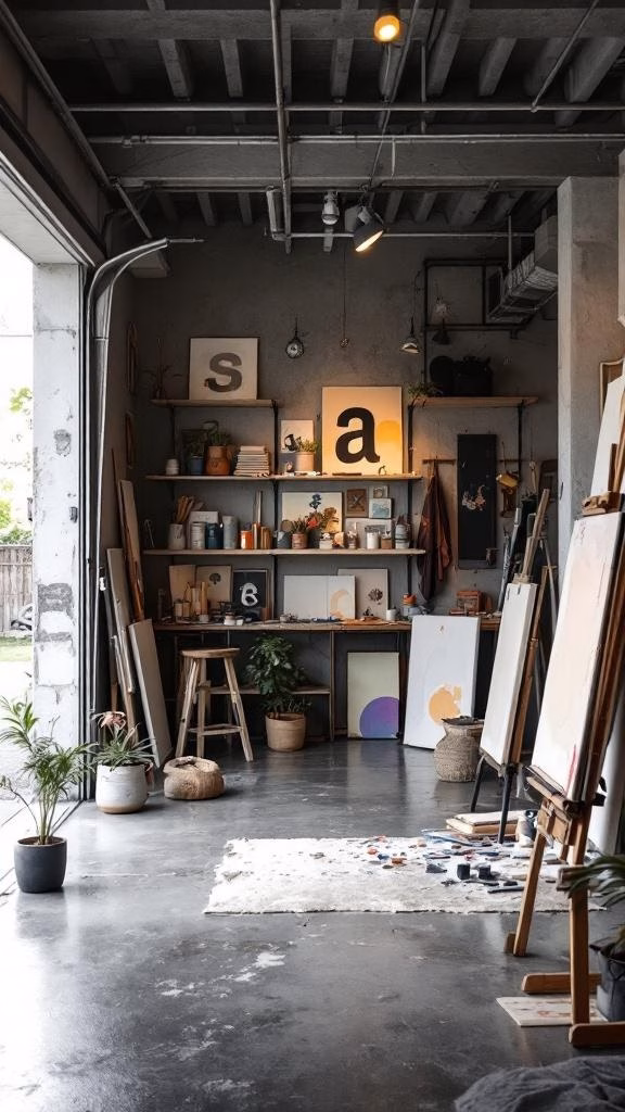 An art studio with shelves, easels, and plants, featuring a cozy and creative atmosphere.