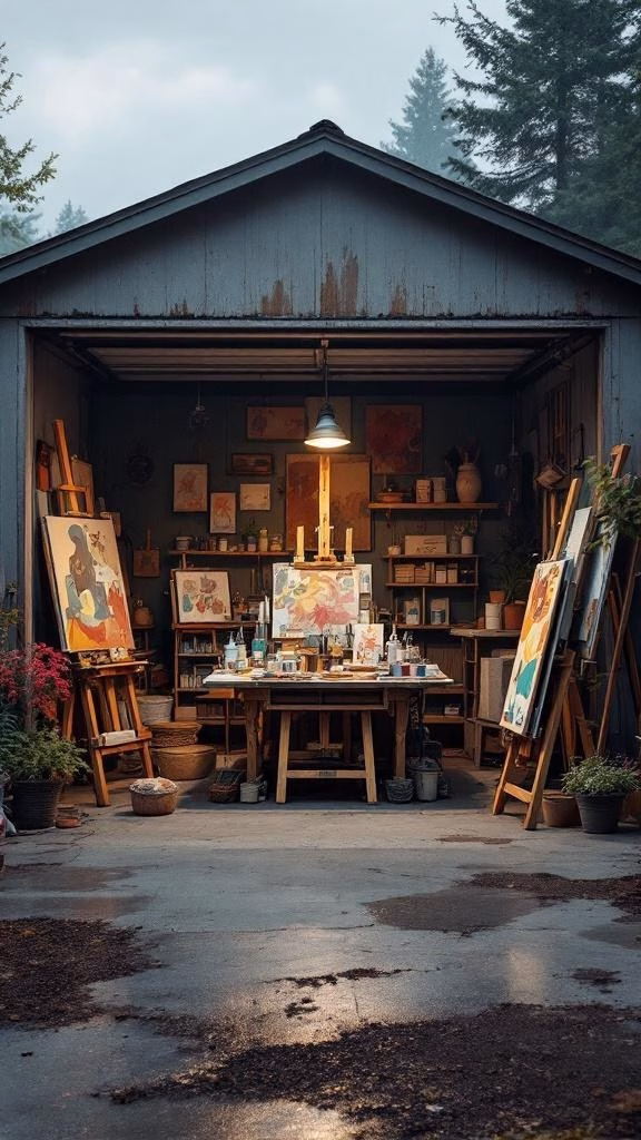 A cozy garage workshop filled with art supplies, easels, and paintings, illuminated by warm light.
